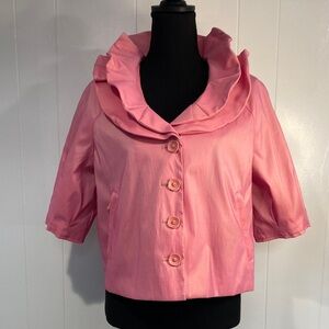 Samuel Dong Jacket | Pink Satin Taffeta | Wired Collar Statement Coat | Medium